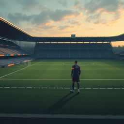 An empty football field with deserted stands, featuring a single player training alone