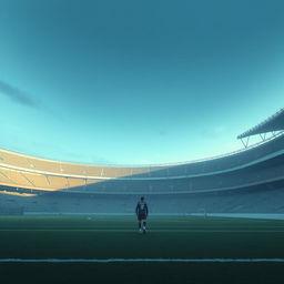 An empty football field with deserted stands, featuring a single player training alone