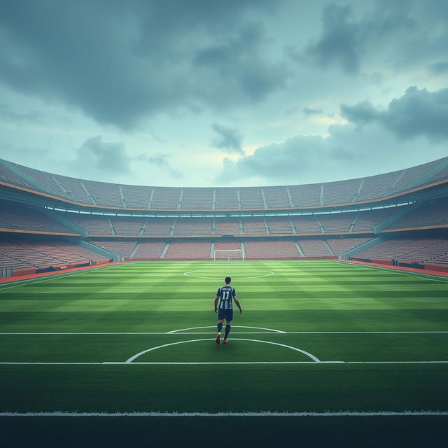 An empty football field with deserted stands, featuring a single player training alone