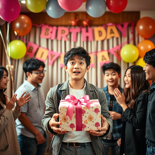 A charming scene capturing the surprise expression of a handsome teenage Korean boy celebrating his 18th birthday