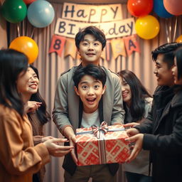 A charming scene capturing the surprise expression of a handsome teenage Korean boy celebrating his 18th birthday