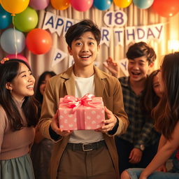 A charming scene capturing the surprise expression of a handsome teenage Korean boy celebrating his 18th birthday