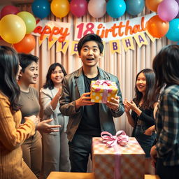A charming scene capturing the surprise expression of a handsome teenage Korean boy celebrating his 18th birthday