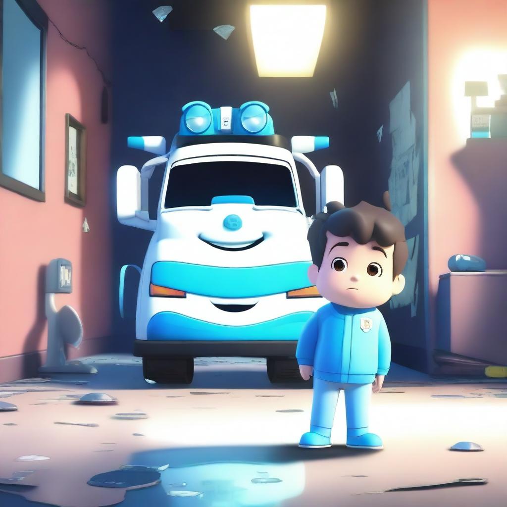 A high-quality digital art piece features Poli from Robocar Poli, his face filled with guilt and sadness, staring at his reflection in a shattered mirror in a dimly lit room