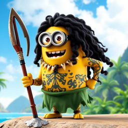A Minion dressed as Maui from Disney's Moana, featuring long, black curly hair that adds a bold character