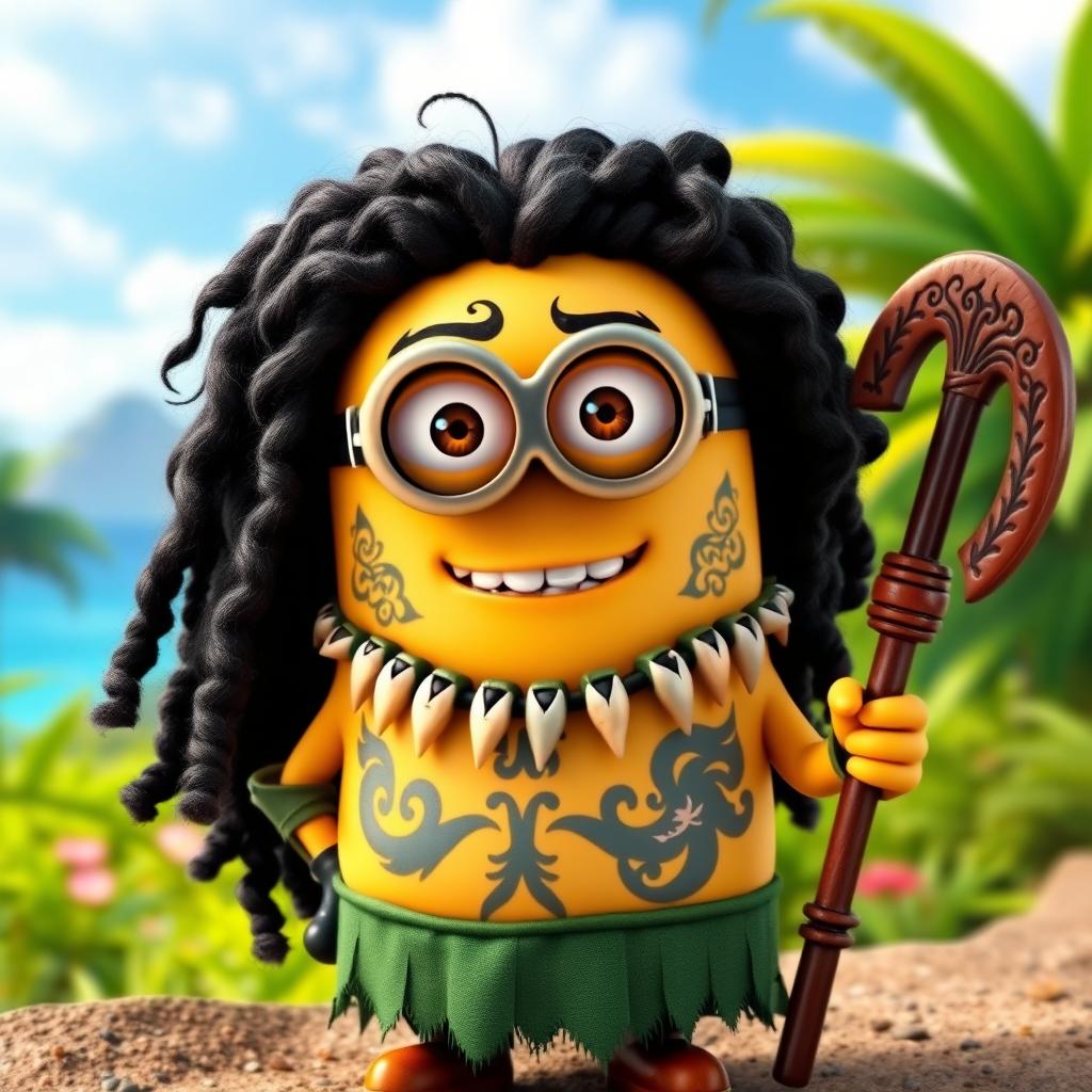 A Minion dressed as Maui from Disney's Moana, featuring long, black curly hair that adds a bold character