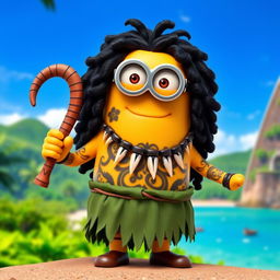 A Minion dressed as Maui from Disney's Moana, featuring long, black curly hair that adds a bold character