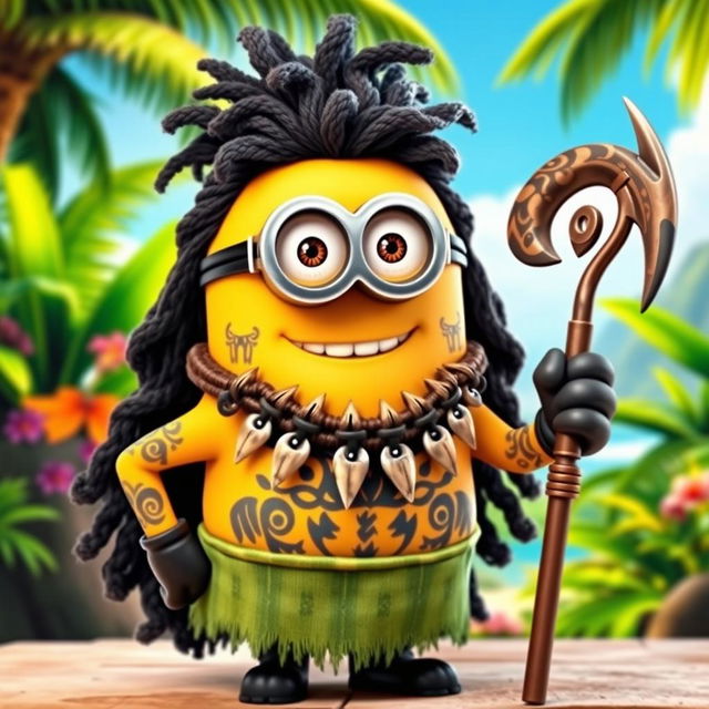 A Minion dressed as Maui from Disney's Moana, featuring long, black curly hair that adds a bold character