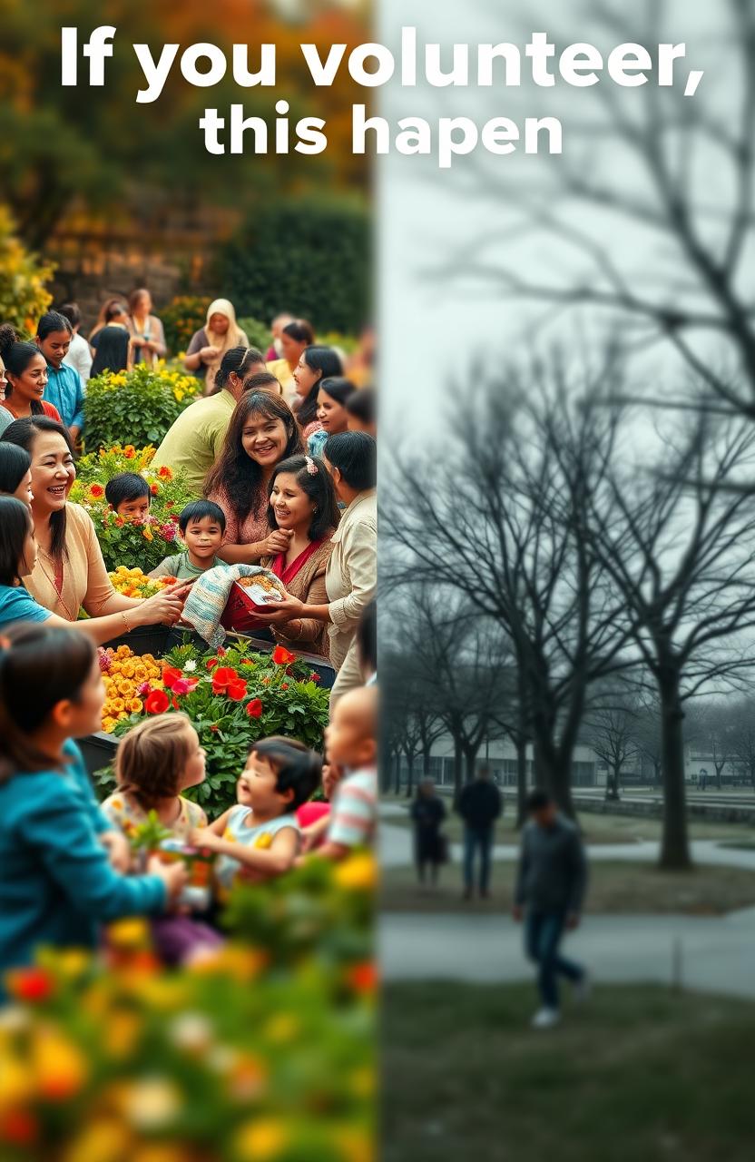A split-image scene showcasing the contrast between the positive and negative effects of volunteering