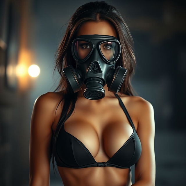 A hot slim girl with big breasts wearing a gas mask, her confident posture enhancing the allure of the scene