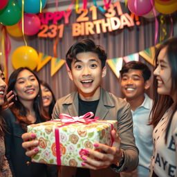 A captivating scene showing the surprise expression of a handsome Korean man as he celebrates his 21st birthday