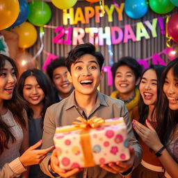 A captivating scene showing the surprise expression of a handsome Korean man as he celebrates his 21st birthday