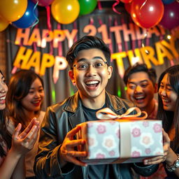 A captivating scene showing the surprise expression of a handsome Korean man as he celebrates his 21st birthday