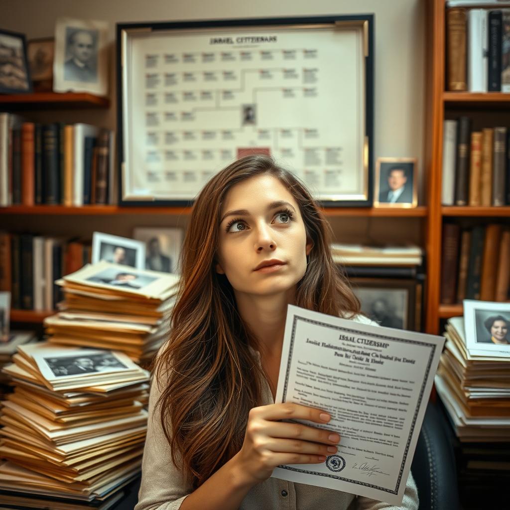 A young woman, with long brown hair and bright eyes, is deep in thought surrounded by stacks of documents and family photos, representing her Jewish heritage and connection to Israel
