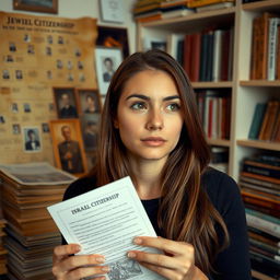 A young woman, with long brown hair and bright eyes, is deep in thought surrounded by stacks of documents and family photos, representing her Jewish heritage and connection to Israel