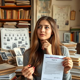 A young woman, with long brown hair and bright eyes, is deep in thought surrounded by stacks of documents and family photos, representing her Jewish heritage and connection to Israel