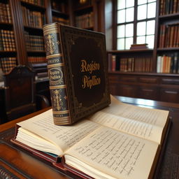 A large, vintage book tome typical of those used in public registries, resting on an ornate wooden desk