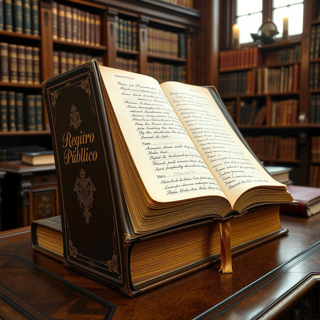 A large, vintage book tome typical of those used in public registries, resting on an ornate wooden desk