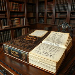 A large, vintage book tome typical of those used in public registries, resting on an ornate wooden desk