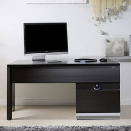 A sleek computer desk equipped with a CPU unit, modern home theater system, DVD player, and a set of drawers.