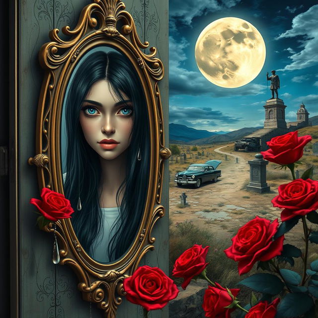 A beautiful and stunning girl with long black hair and mesmerizing blue eyes, set in a psychedelic Salvador Dali-inspired dreamlike world