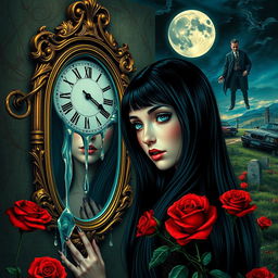 A beautiful and stunning girl with long black hair and mesmerizing blue eyes, set in a psychedelic Salvador Dali-inspired dreamlike world