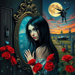 A beautiful and stunning girl with long black hair and mesmerizing blue eyes, set in a psychedelic Salvador Dali-inspired dreamlike world