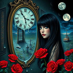 A beautiful and stunning girl with long black hair and mesmerizing blue eyes, set in a psychedelic Salvador Dali-inspired dreamlike world