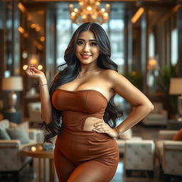 A stunningly beautiful woman with a voluptuous figure, blending features from both Medan and South Korea