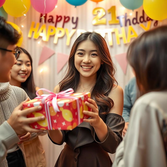 A delightful scene featuring a beautiful and charming Korean girl celebrating her 21st birthday