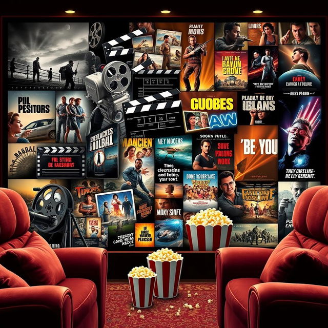 A detailed and cinematic collage showcasing the evolution of cinema, featuring iconic elements such as a vintage film camera, clapperboard, film reel, and vibrant movie posters from different eras