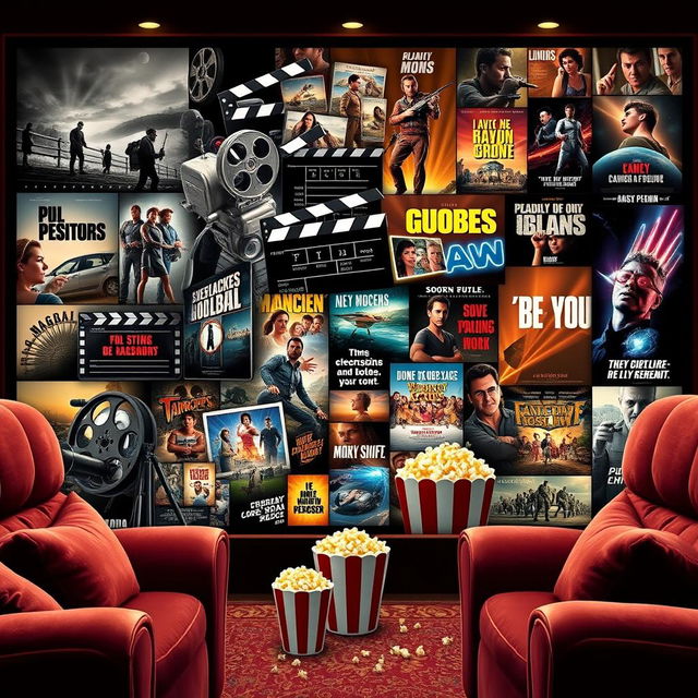 A detailed and cinematic collage showcasing the evolution of cinema, featuring iconic elements such as a vintage film camera, clapperboard, film reel, and vibrant movie posters from different eras