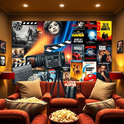 A detailed and cinematic collage showcasing the evolution of cinema, featuring iconic elements such as a vintage film camera, clapperboard, film reel, and vibrant movie posters from different eras