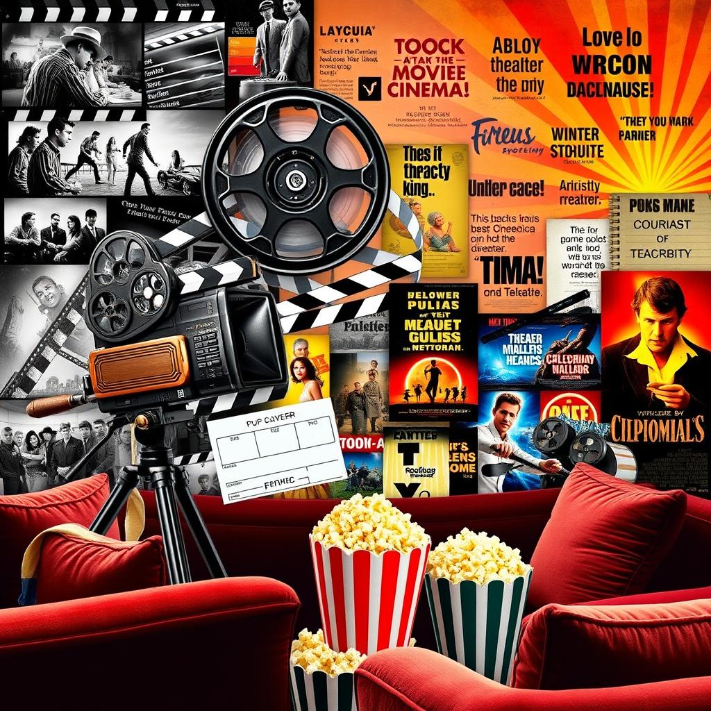 A detailed and cinematic collage showcasing the evolution of cinema, featuring iconic elements such as a vintage film camera, clapperboard, film reel, and vibrant movie posters from different eras