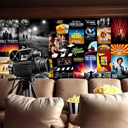 A detailed and cinematic collage showcasing the evolution of cinema, featuring iconic elements such as a vintage film camera, clapperboard, film reel, and vibrant movie posters from different eras