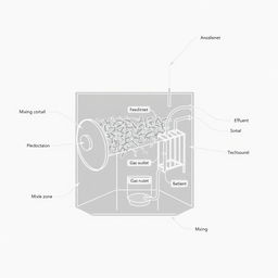 Illustration of a detailed anaerobic digestion chamber for wastewater treatment, designed in a DIY, artisanal style