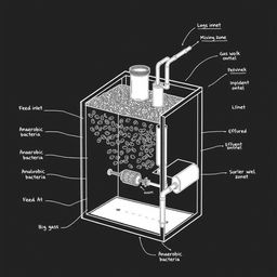 Illustration of a detailed anaerobic digestion chamber for wastewater treatment, designed in a DIY, artisanal style