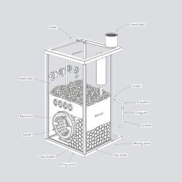 Illustration of a detailed anaerobic digestion chamber for wastewater treatment, designed in a DIY, artisanal style