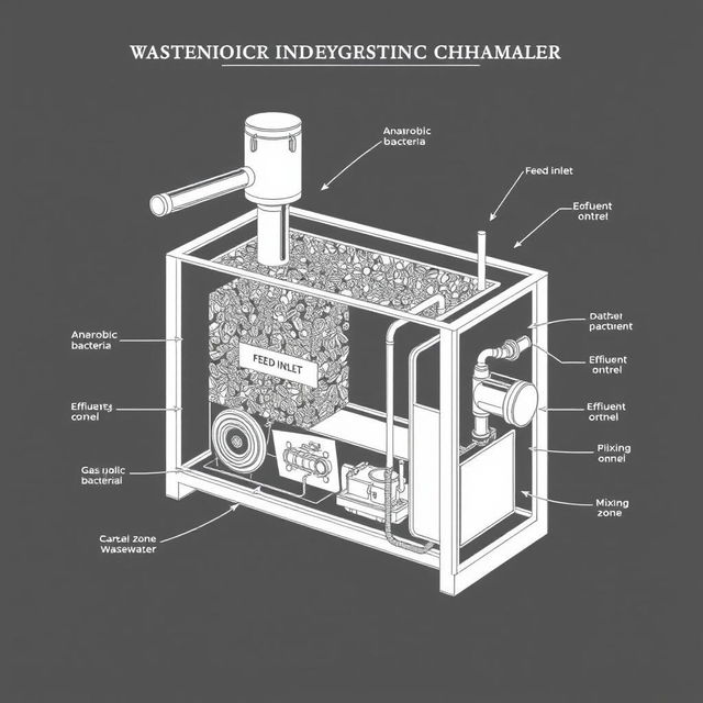 Illustration of a detailed anaerobic digestion chamber for wastewater treatment, designed in a DIY, artisanal style