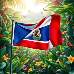 A vibrant Costa Rican flag waving gracefully in the foreground, with its bold blue, white, and red stripes clearly visible