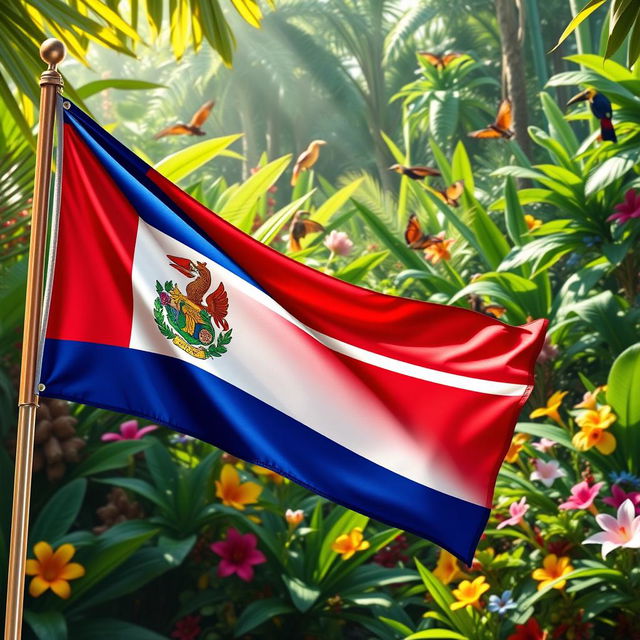 A vibrant Costa Rican flag waving gracefully in the foreground, with its bold blue, white, and red stripes clearly visible