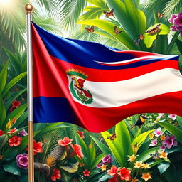 A vibrant Costa Rican flag waving gracefully in the foreground, with its bold blue, white, and red stripes clearly visible