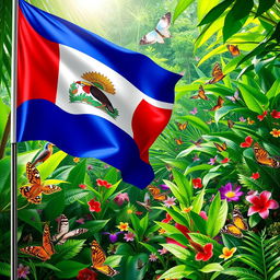 A vibrant Costa Rican flag waving gracefully in the foreground, with its bold blue, white, and red stripes clearly visible