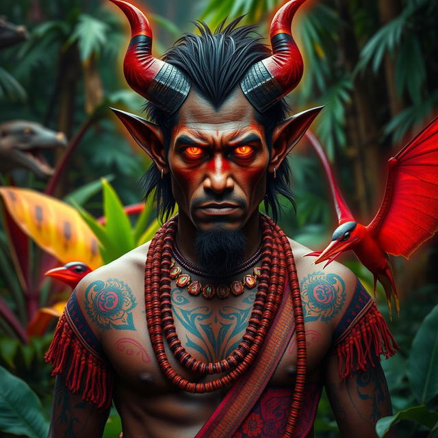 An Ecuadorian human devil, featuring a tall, dark-skinned man with strikingly angular facial features, adorned with vibrant, traditional Ecuadorian garments that feature intricate patterns