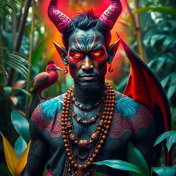 An Ecuadorian human devil, featuring a tall, dark-skinned man with strikingly angular facial features, adorned with vibrant, traditional Ecuadorian garments that feature intricate patterns