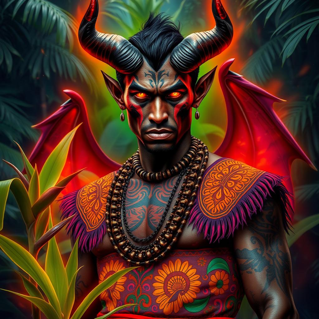 An Ecuadorian human devil, featuring a tall, dark-skinned man with strikingly angular facial features, adorned with vibrant, traditional Ecuadorian garments that feature intricate patterns