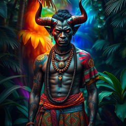 An Ecuadorian human devil, featuring a tall, dark-skinned man with strikingly angular facial features, adorned with vibrant, traditional Ecuadorian garments that feature intricate patterns