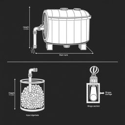 Detailed illustration of an anaerobic digestion chamber for wastewater treatment in a DIY, artisanal style, presented in three views: side view, top view, and cross-section
