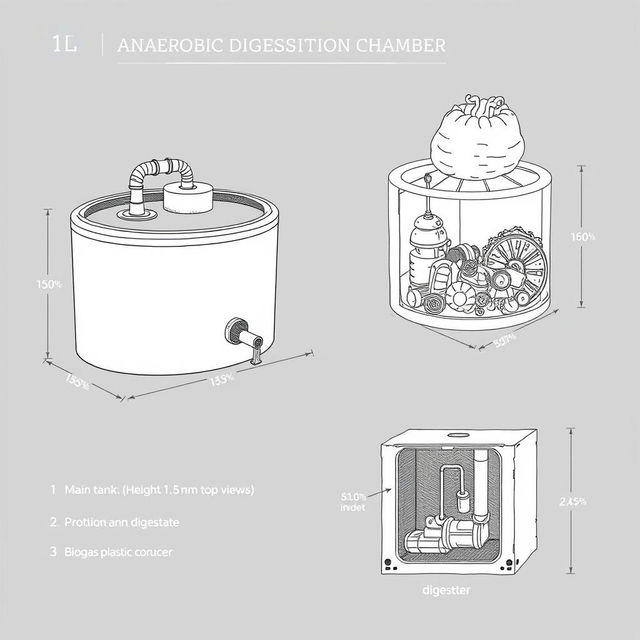 Detailed illustration of an anaerobic digestion chamber for wastewater treatment in a DIY, artisanal style, presented in three views: side view, top view, and cross-section