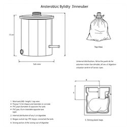 Detailed illustration of an anaerobic digestion chamber for wastewater treatment in a DIY, artisanal style, presented in three views: side view, top view, and cross-section